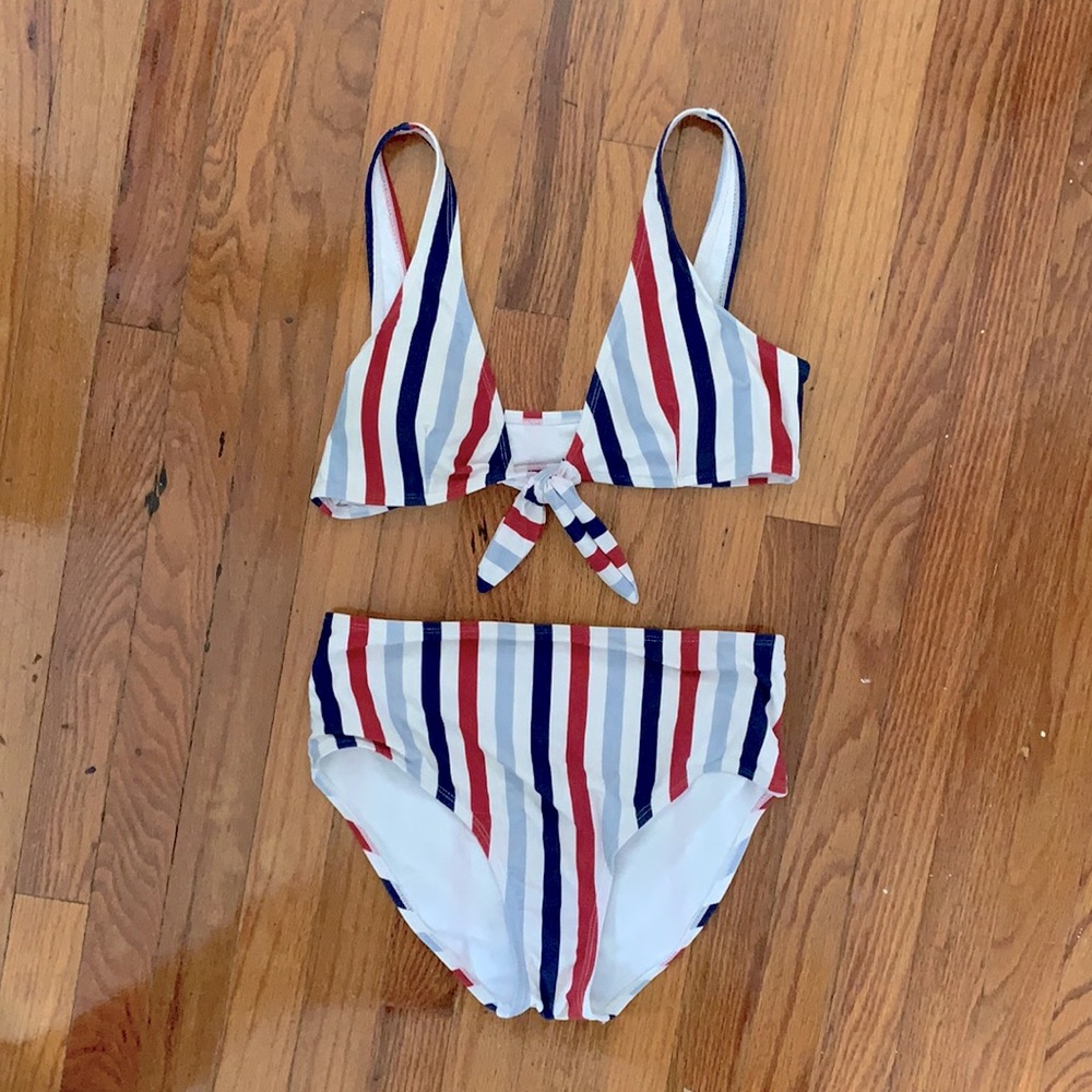 Red white and blue bathing suit.